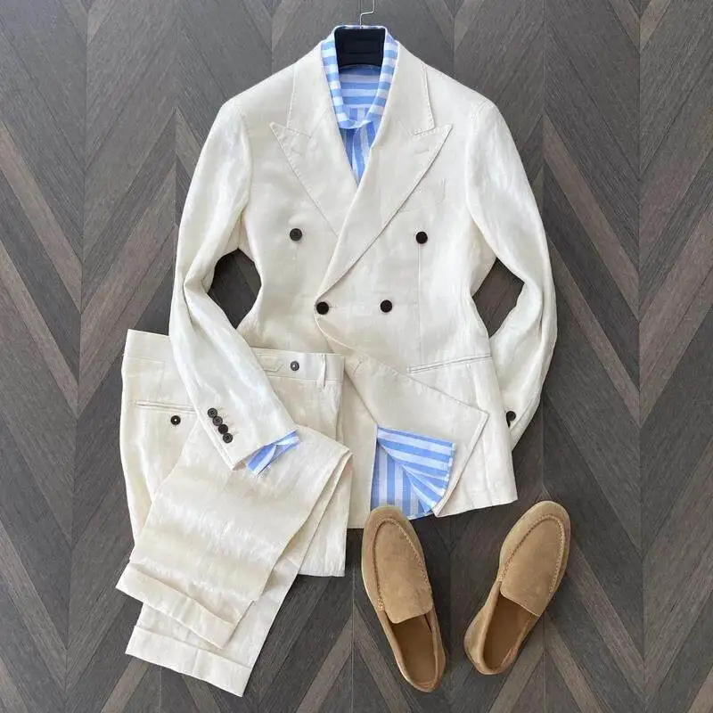 

100% French Linen Boxed Collar Double-Breasted Suit Men's Structural Suit