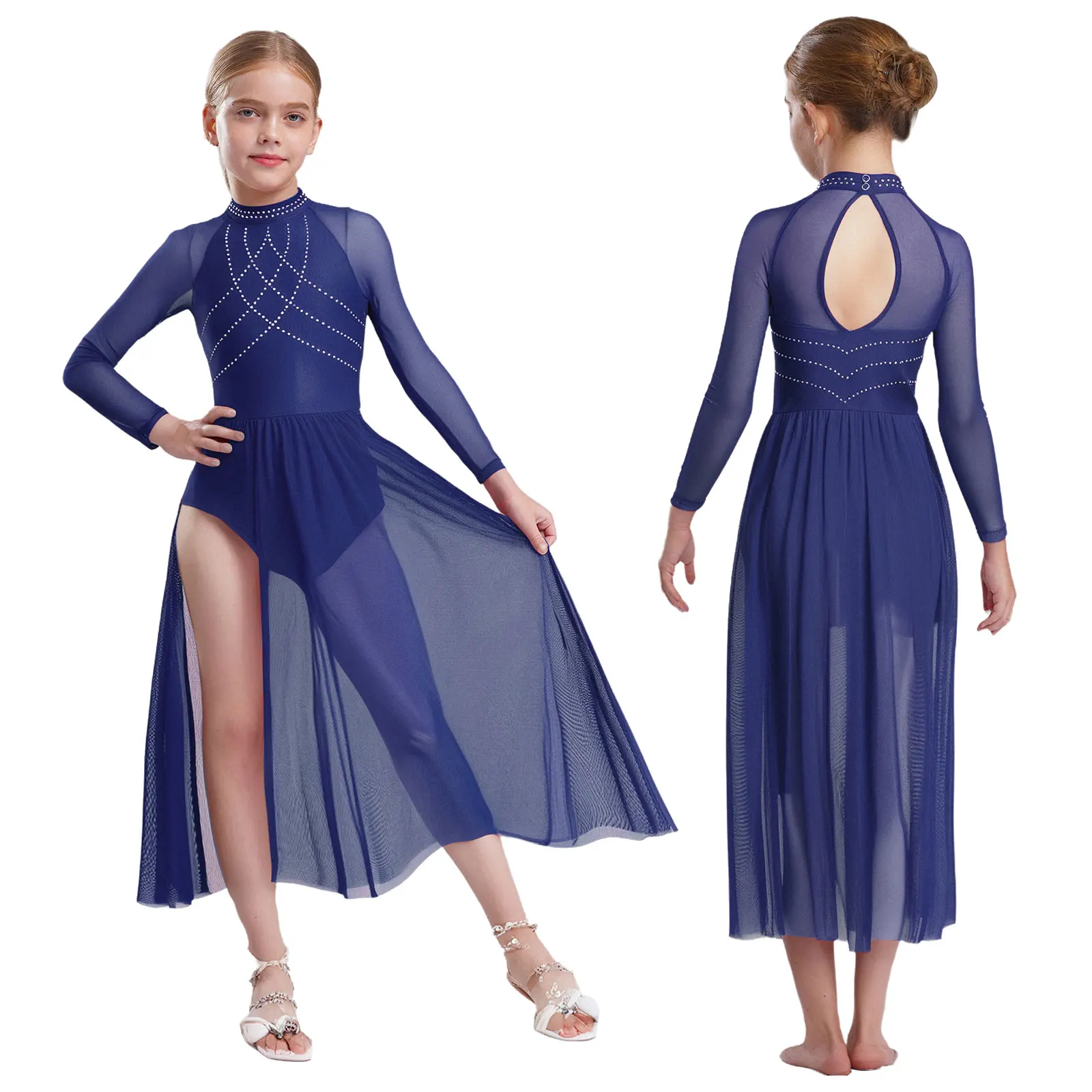 

Детское балетное платье для лирических танцев для девочек, прозрачное сетчатое лоскутное платье со стразами, струящееся платье с разрезом и длинными рукавами, гимнастическое тренировочное платье