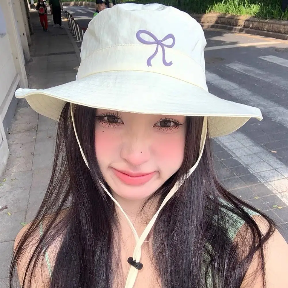 New Spring Summer Bucket Hat Outdoor Camping Sunscreen Fishing Caps Breathable Solid Color Bow Strap Bucket Hats