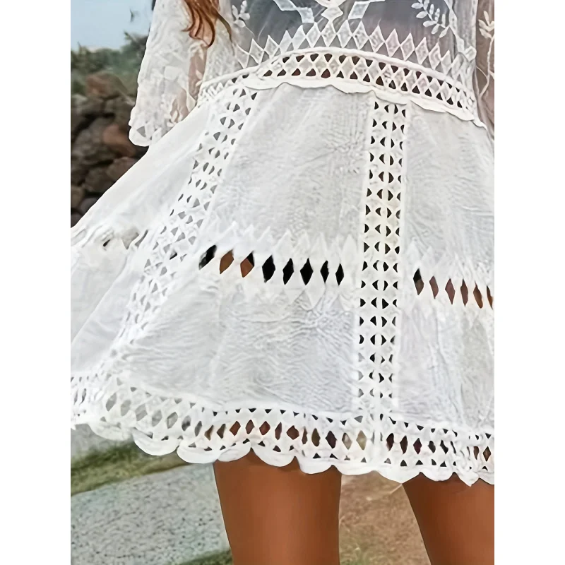 MOXDO Backless Cover-Up with Mid-Length Sleeves, Sheer, UV Protection, Sexy and Fashionable, Vacation Style, Summer, Beach, Pool