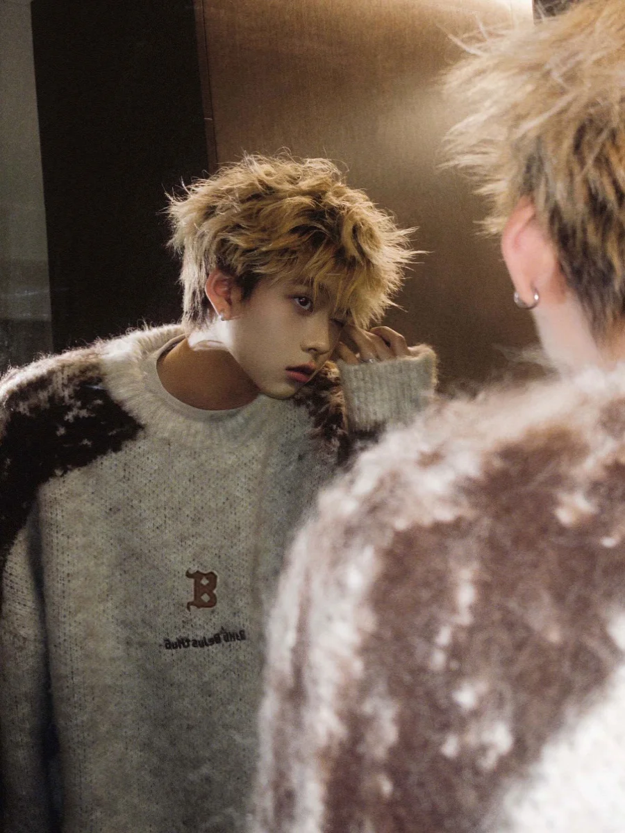 

Мужской свитер в американском ретро-стиле с цветными блоками, круглым вырезом, утолщенный, свободного кроя, с длинными рукавами, окрашенный, осенне-зимний, повседневный