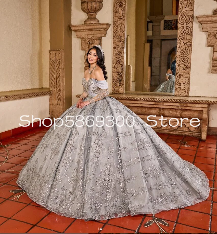 Silver Princess Sparkly Quinceanera Dresses Luxury Crystal Applique Off Shoulder Lace-up Corset Customized