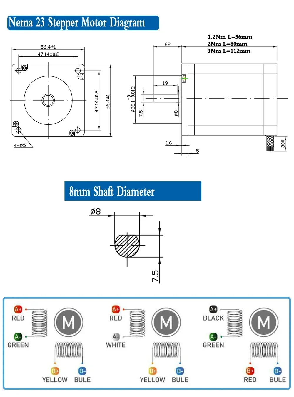 Nema23 Stepper Motor DM556 Driver Kit 3A Motor 1.2Nm 2Nm 3Nm CNC 57 Stepper Motor 56mm/76mm/112mm for CNC Router 3D Printer