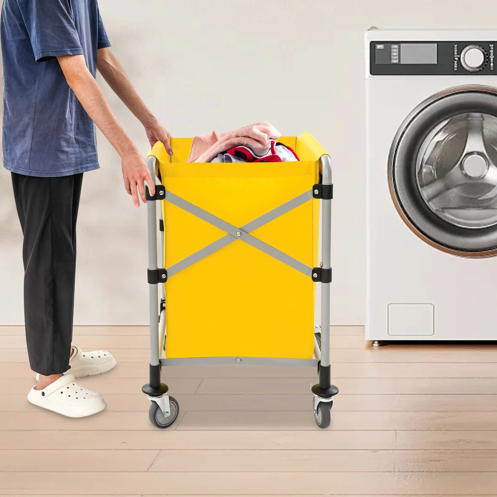 

Желтая стальная рама из ткани Оксфорд, складная тележка для белья 60*60 см с тормозным подшипником, корзина для коммерческой одежды 220 фунтов