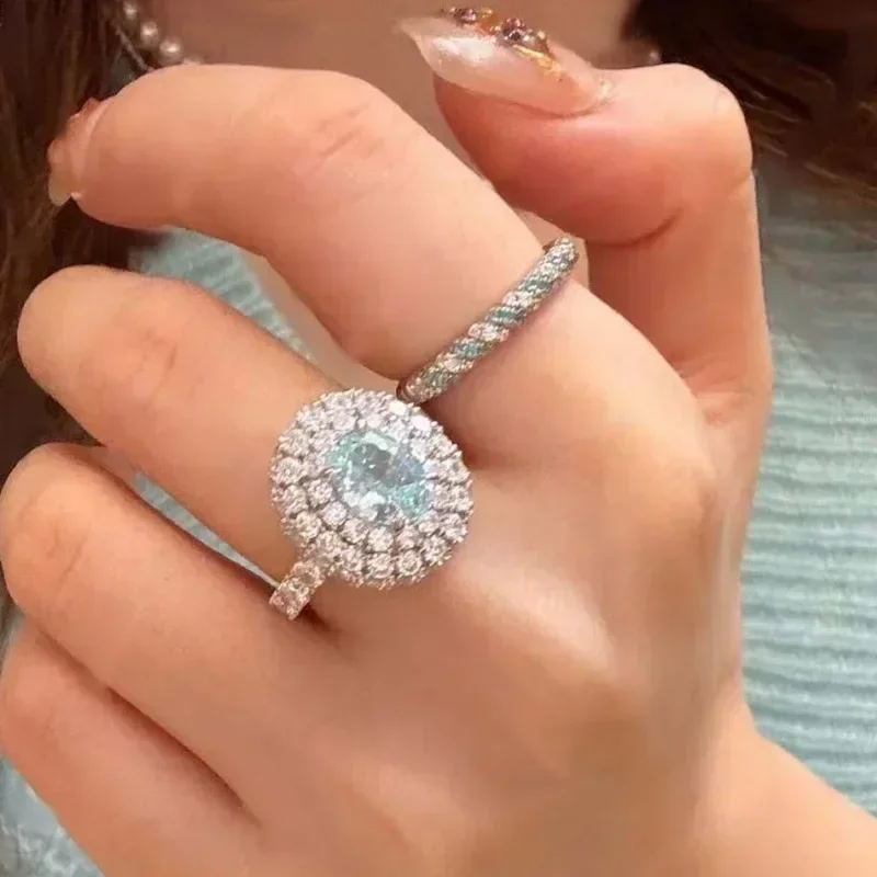 Light luxury fresh retro Sea blue gemstone rings for women High quality silver 925 inlaid crystals engagement ring fine jewelry