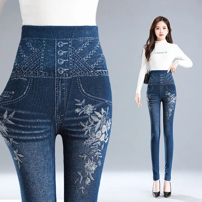 Printing High Waist Widen Imitation Denim Pencil Pants Women New Spring Autumn High Elasticity Elastic Waist Aesthetic Trousers