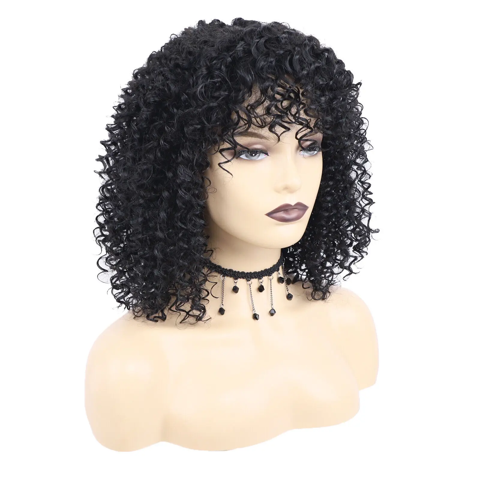 New Synthetic Fiber African Lady Wig with Bangs Elastic Net Cap