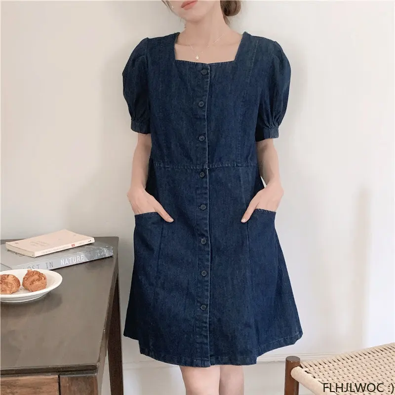 Denim Dresses New Design Woman Casual Cute Sweet Korea Chic Style Girls Retro Vintage Cotton Jeans Blue Denim Shirt Dress