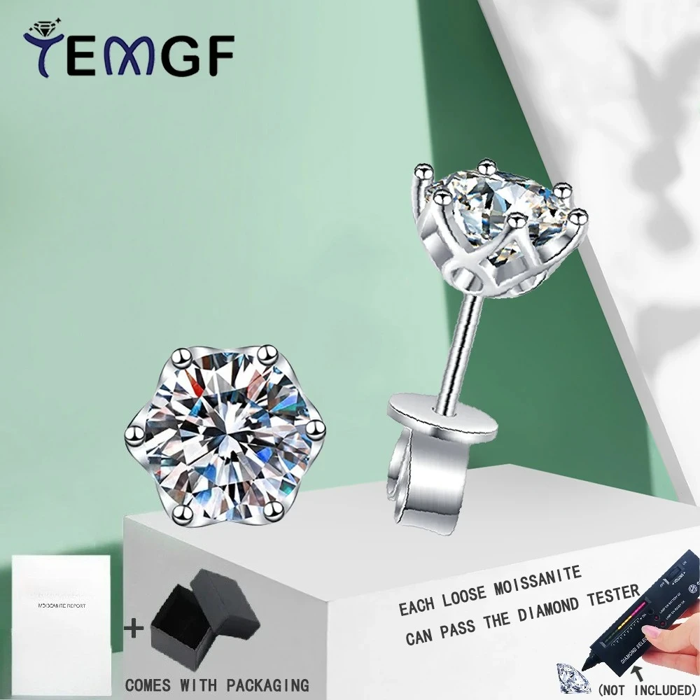 

TEMGF 1 Pair Moissanite/Zircon Ear Studs 6 Prong Rose Edge S925 Sterling Silver Earrings for Women Girls Fashion Fine Jewelry