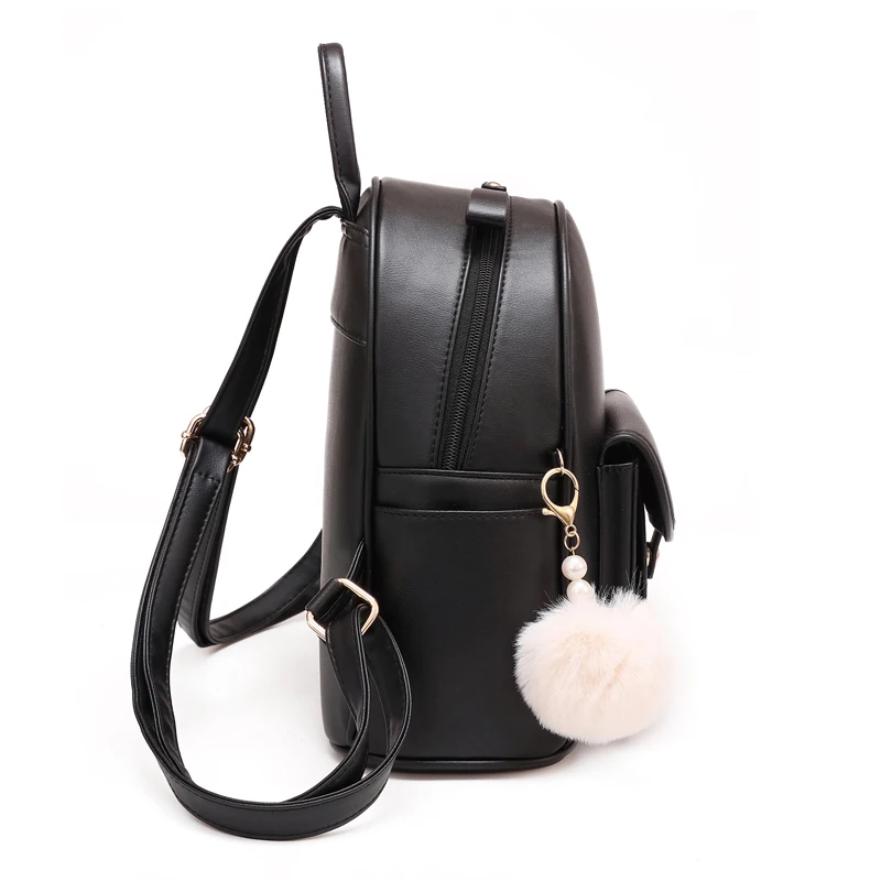 Stylish solid color texture women backpack, all matching lightweight backpack, simple small pompon pendant decoration