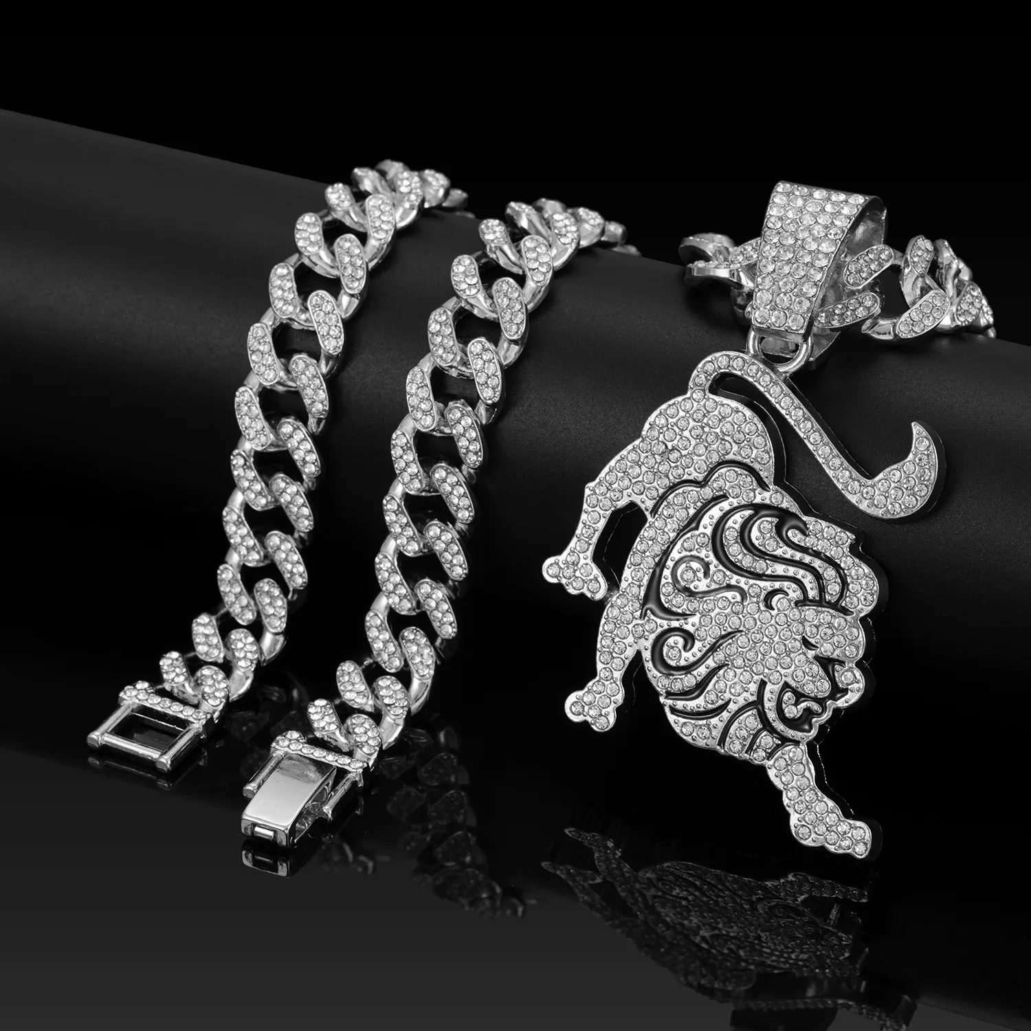 Hip Hop Alloy&Rhinestone Lion Pendant With Chunky Cuban Chain Choker Necklace For Men Women Iced Out Statement Jewelry