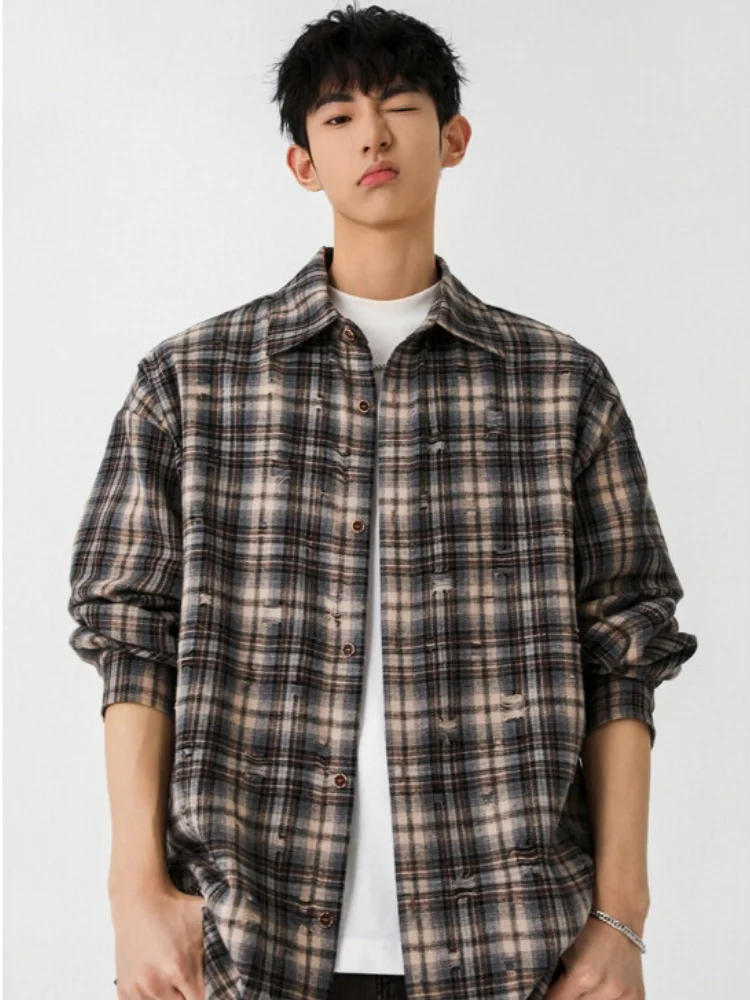 

Men's Plaid Long Sve irt Casual Ripped High-End Feeling Cool Cleanfit Spring Autumn American Retro Outerwear