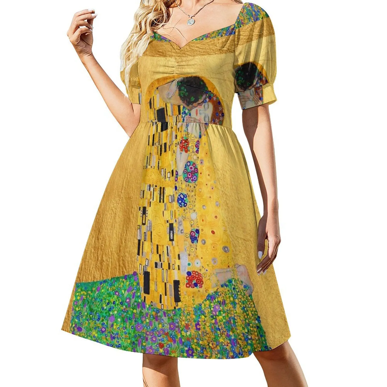 Gustav Klimt -The Kiss Short Sleeved Dress womens clothing summer clothes for women Dress