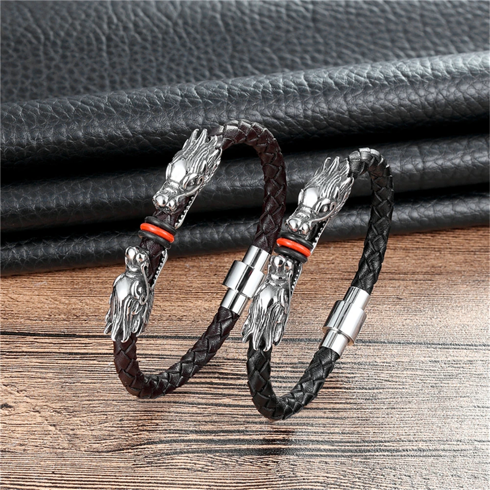 Aizhixiu new Fashion Leather Bracelet Men's Brave Stainless Steel Bracelet Bracelet Dragon Brand Bracelet Hombres Pulsera
