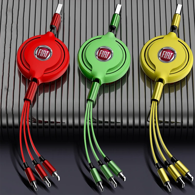Cable de datos retráctil 3 en 1, cabezal de cargador de coche USB tipo C, accesorios para automóvil para Fiat 500 Punto Panda Doblo Stilo Bravo Freemont