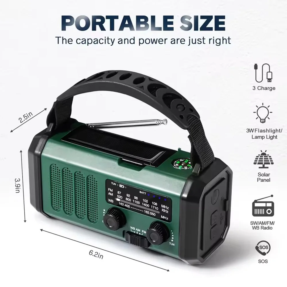 10000mAh Solar-Notfall-Wetterradio AM/FM/NOAA Tragbares Kurbelbetriebenes Notfallradio mit LED-Taschenlampe SOS-Alarm Powerbank – Detail 11