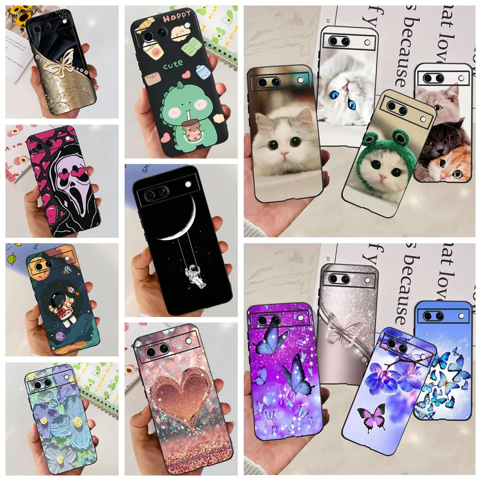 Schwarz matt Silikon Rückseite für Google Pixel 8a Malerei Fall Cartoon schöne Katze Schmetterling Blume Stoßstange Google 8a Soft Etui
