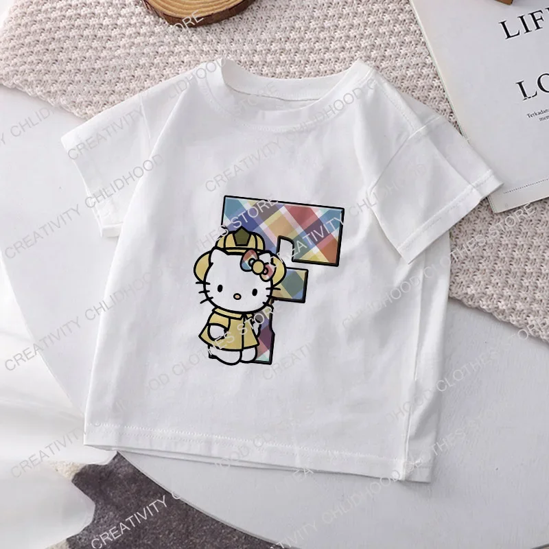 Camiseta de HelloKittys para niños, letra A, B, C, D... Camisetas de dibujos animados de Anime para niños, ropa informal Kawaii para niños, Tops para niñas, ropa