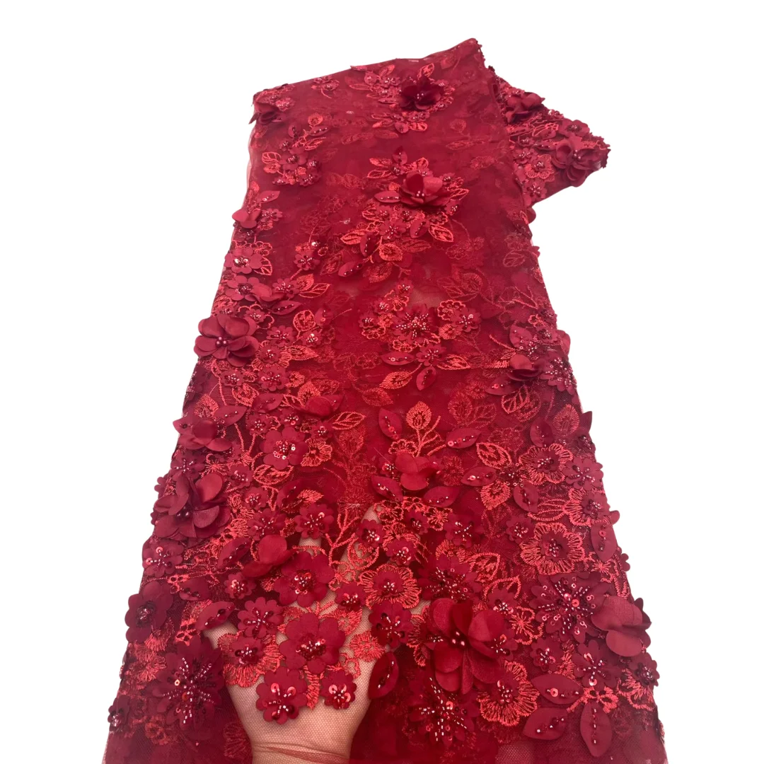 Burgundy Handmade French Tulle Lace Fabric 2025 High Quality 3D Flower Embroidery Applique Beads Lace Fabric for Women Dresses