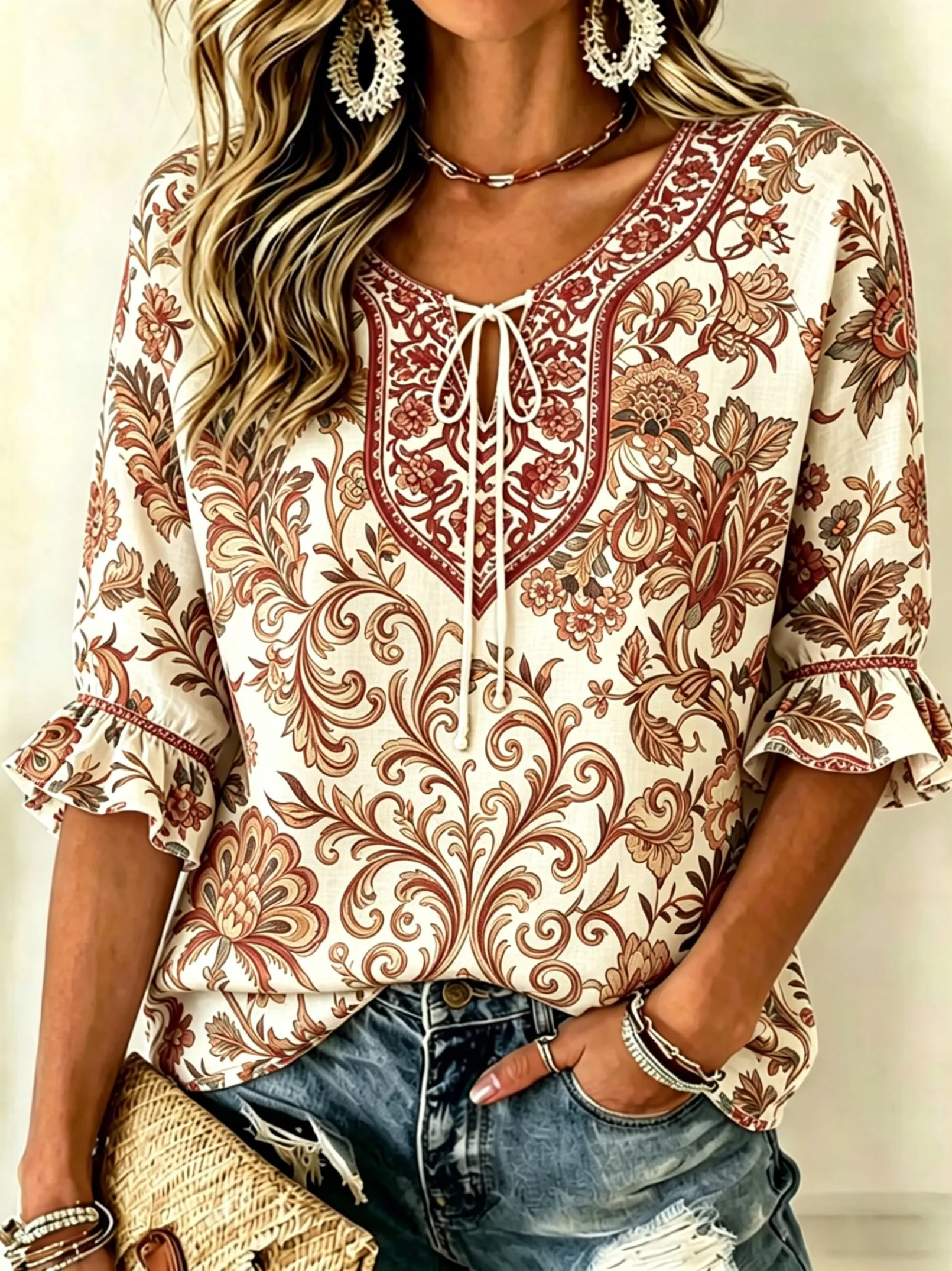 

Women's Spring Summer Casual Blouse, Cream & Rust Floral Paisley Print Tops for Daily Street Holiday Dating & Leisure Outfit