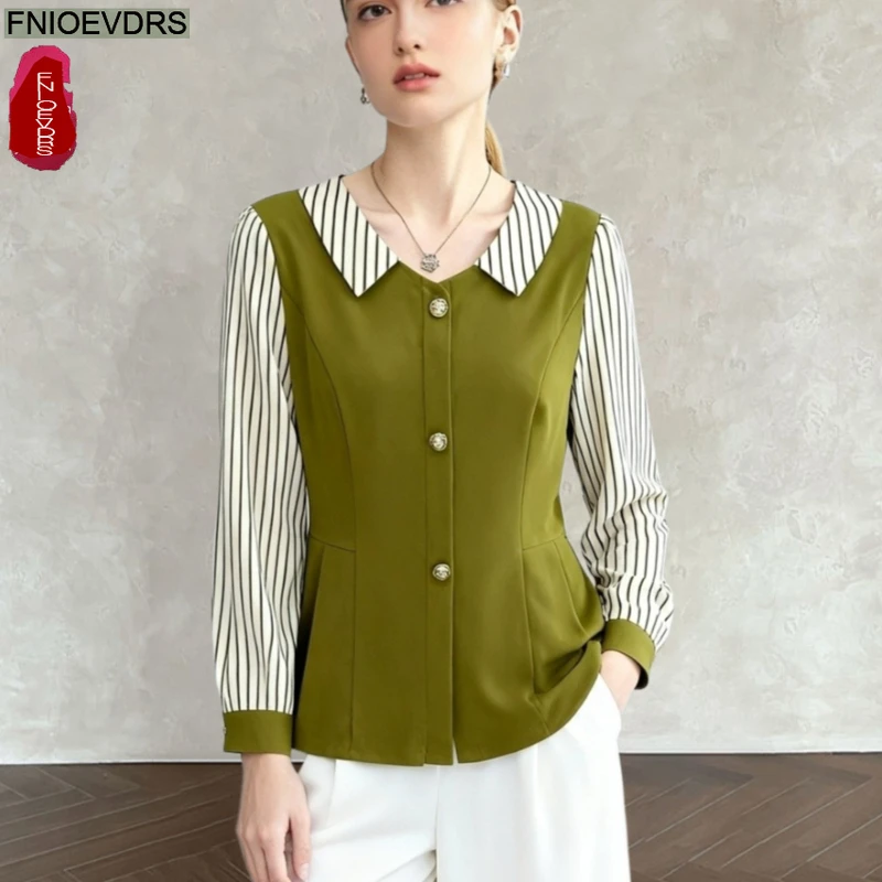 Red Striped Shirts Women 2023 Elegant Office Lady Casual Basic Button Shirts Purple Red Peplum Peter Pan Collar Tops Blouses