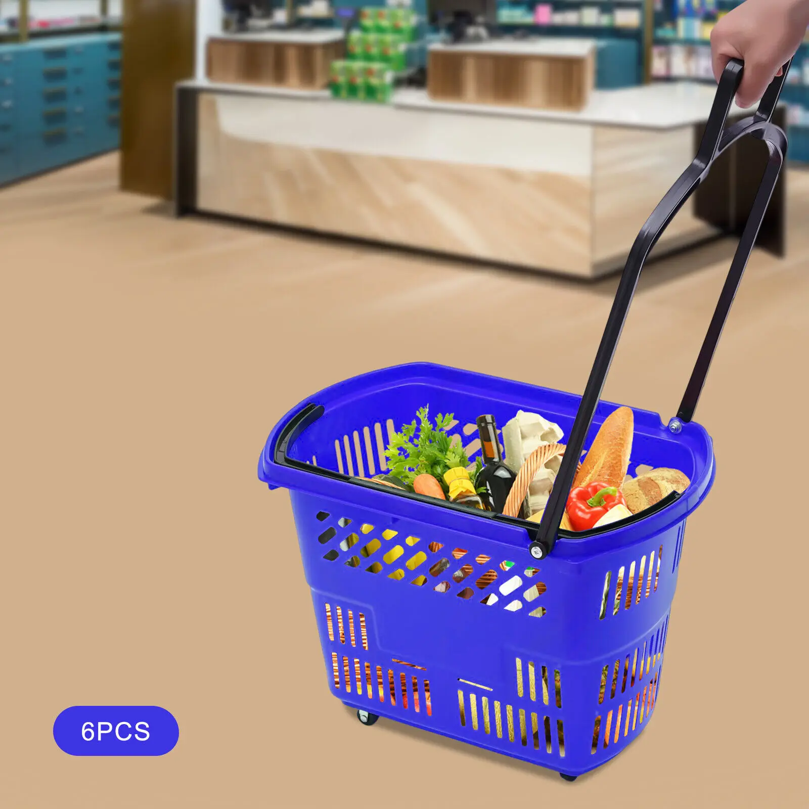 

6Pcs 35L/9.2Gal Shopping Basket Cart with Wheels and Handle Shopping Basket Portable Grocery Cart for Supermarkets Retail