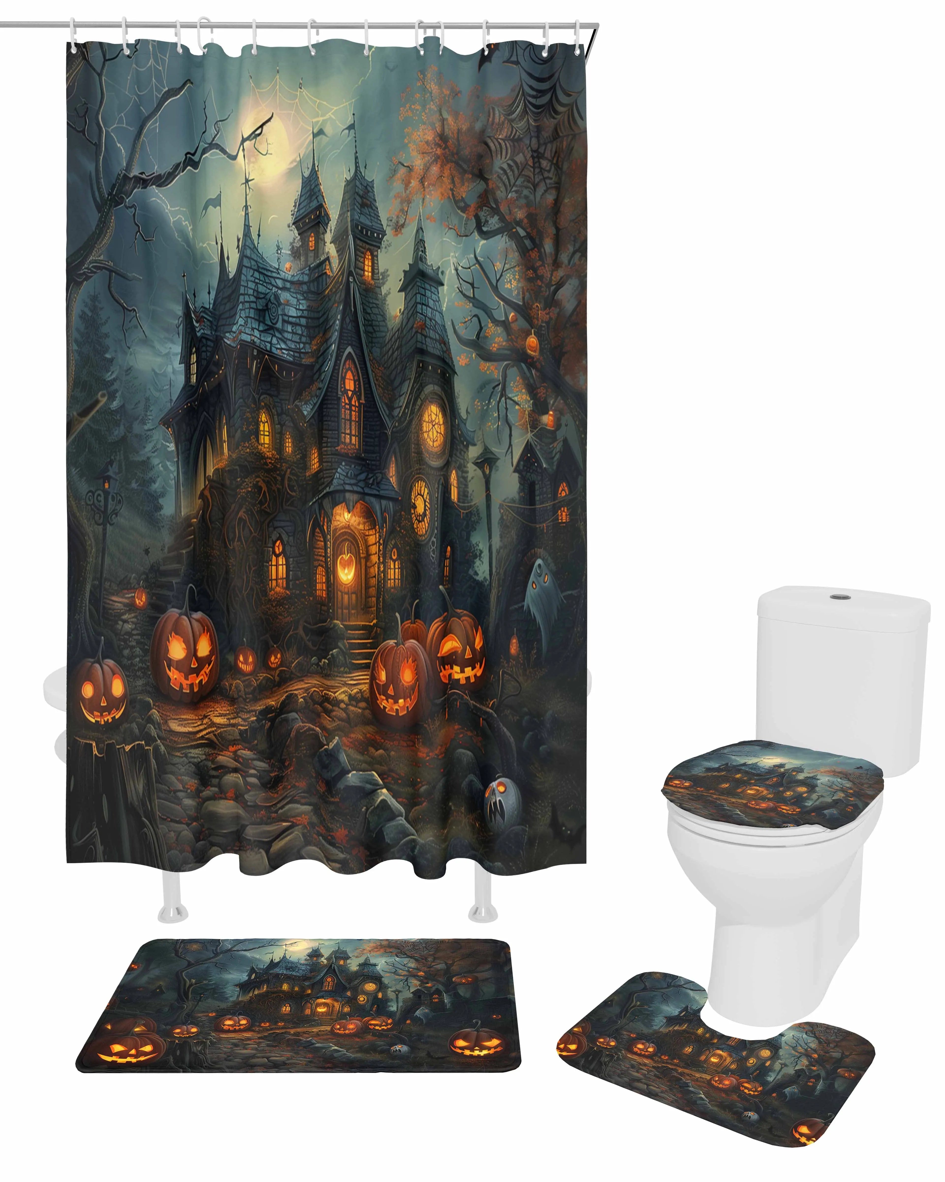 Halloween Castle Pumpkin Retro Shower Curtain Set Non-Slip Rugs Bath Mat Toilet Lid Cover Waterproof Bathroom Curtain