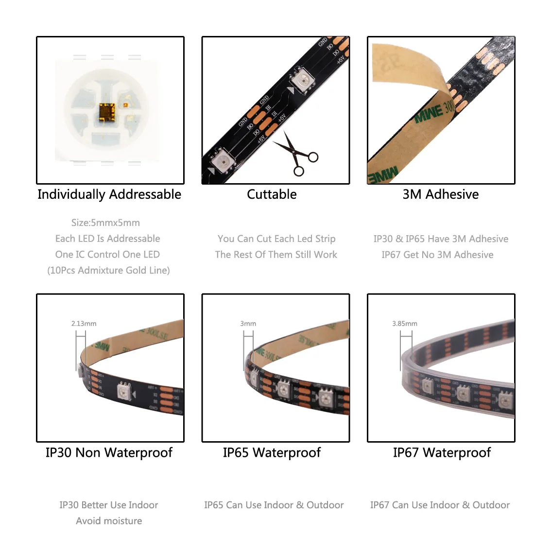 WS2815 DC12V Led Strip Light 30/60/144leds/m (WS2812B WS2813 updated) 5050 RGBIC Individually Addressable LED Lights IP30 65 67