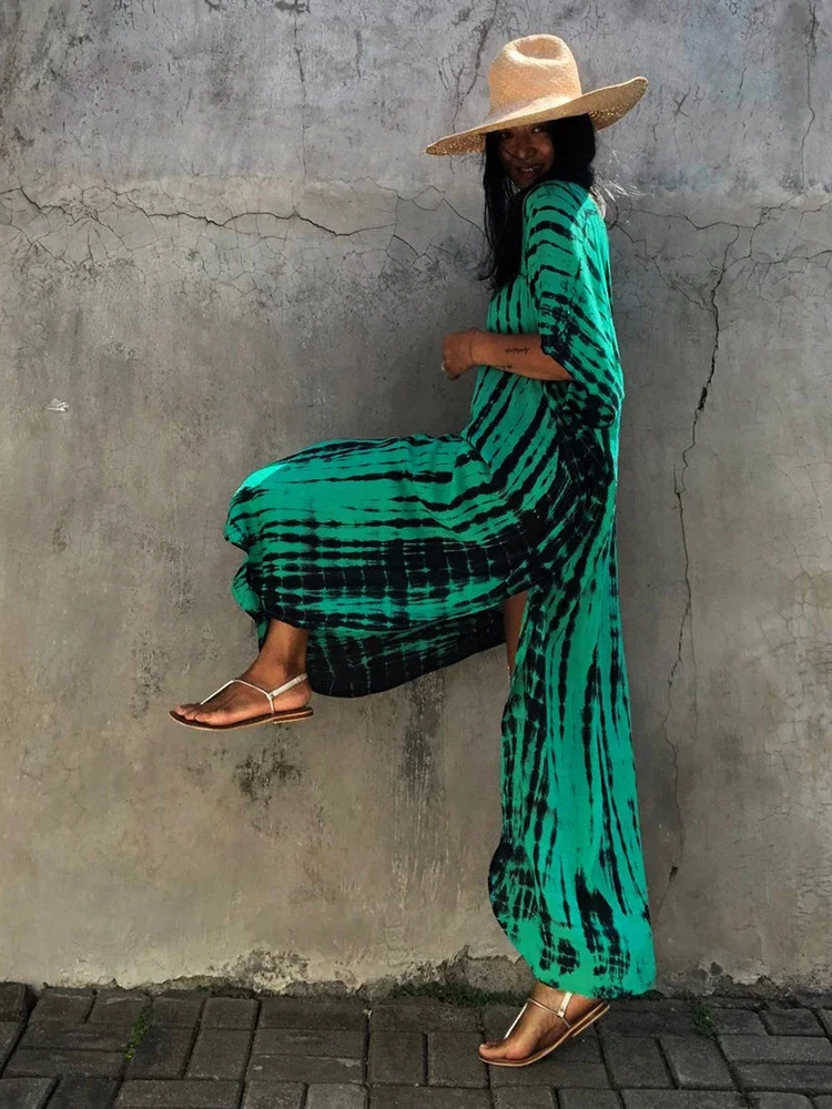 Halo tingimento vintage praia vestido longo feminino com decote em v oversize robe lado split solto kaftan férias boho maxi vestidos