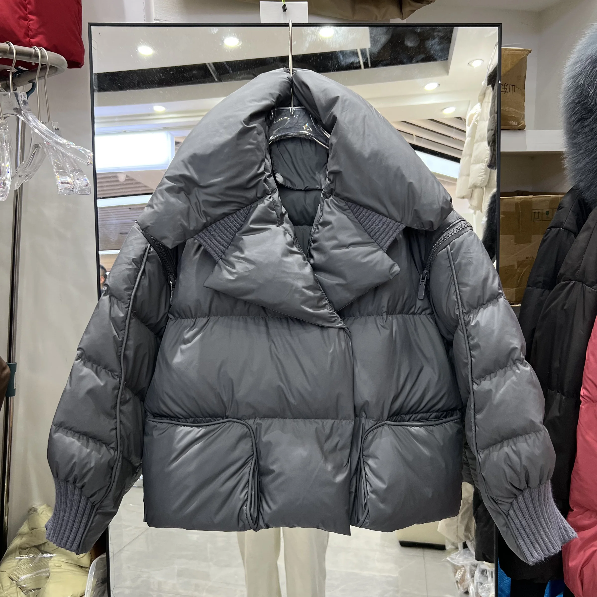 高級ホワイトダックダウンショートダウンジャケット冬のファッションニットスプライシング大きな折り返し襟厚みのあるパファージャケットパーカー