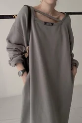 Casual Versatile Comfortable Commuting Lazy Style Square Collar Leaky Collar Bathroom Dress Autumn and Winter Loose Dress