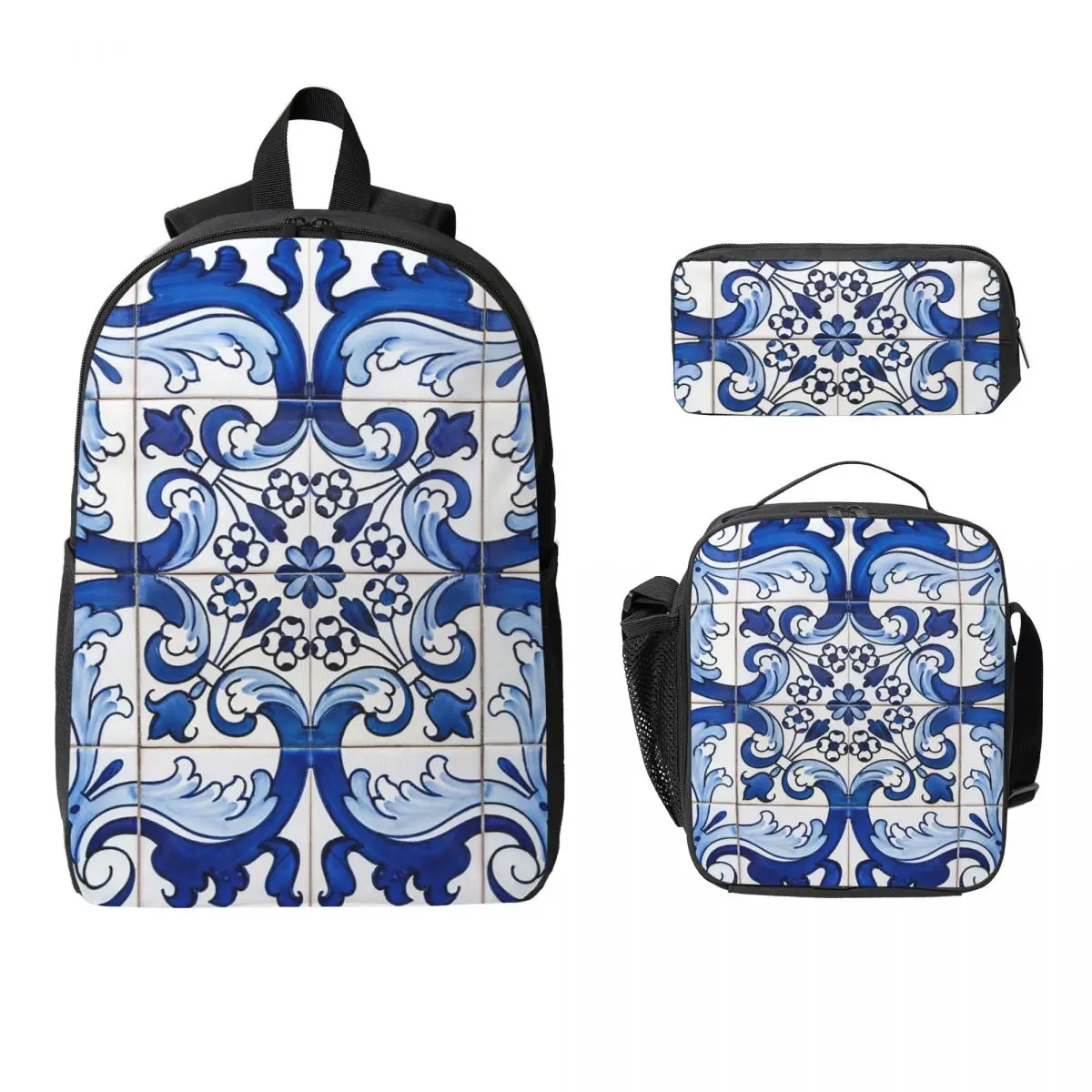 

Antique Classic Lisbon Blue Azulejo Tile Floral Backpack Boy GirlsBookBag School Bag 3ps Insulated Lunch Bag Pencil Case