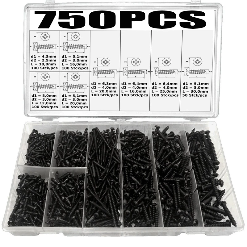 

750Pcs Black Carbon Steel Disc Round Head Tapping Screw Combination Wood Thread Nail Screw Sets DIY Screw