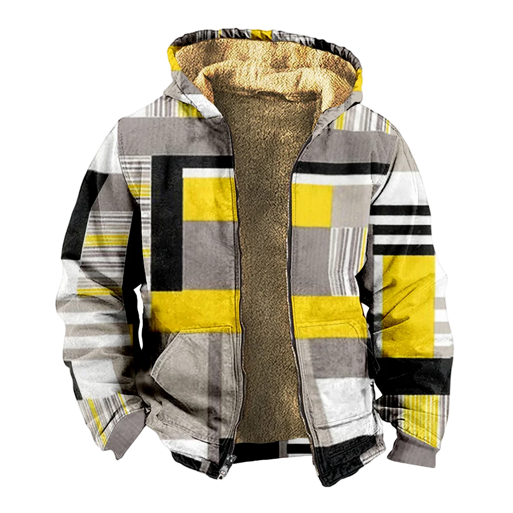 Abrigos de chaquetas de invierno para hombre, abrigo informal de algodón con patrón geométrico a cuadros amarillo y negro, elegante viaje coreano