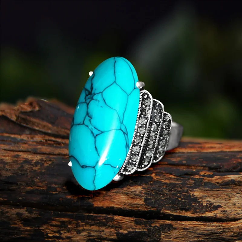 Vintage Eye Shape Syntetic Turquoises Rings For Women Real Antique Silver Plated 5 Colors Fashion Rhinestone Ring