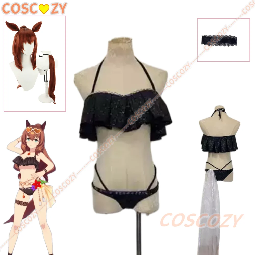 

Anime Uma Musume Pretty Derby Maruzensky Cosplay Costume Sexy Woman Black Swimsuit Bikini Set Beachwear Wig Ears Tail Props
