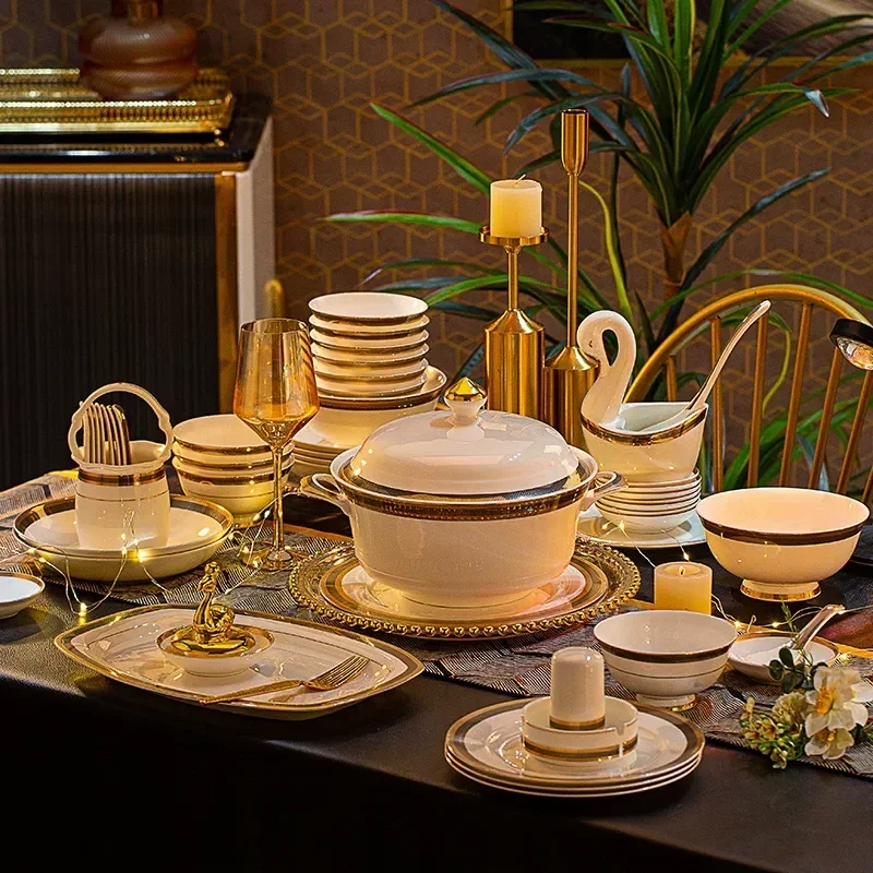Light Luxury Ceramic Dishes Set High End Bone Tableware for Household Housewarming Gift