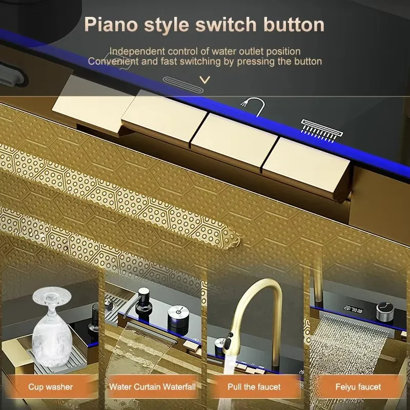 حوض مطبخ ذهبي من الفولاذ المقاوم للصدأ حوض شلال مزدوج شاشة ديجيتال منقوش فتحة واحدة كبيرة حوض غسيل متعدد الوظائف #4