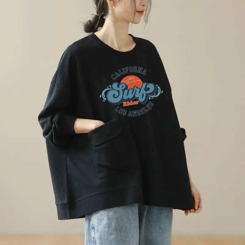 Abbigliamento donna Trend Letter Print Streetwear Felpe in cotone oversize Y2K Top con tasca a maniche lunghe casual semplice o collo femminile