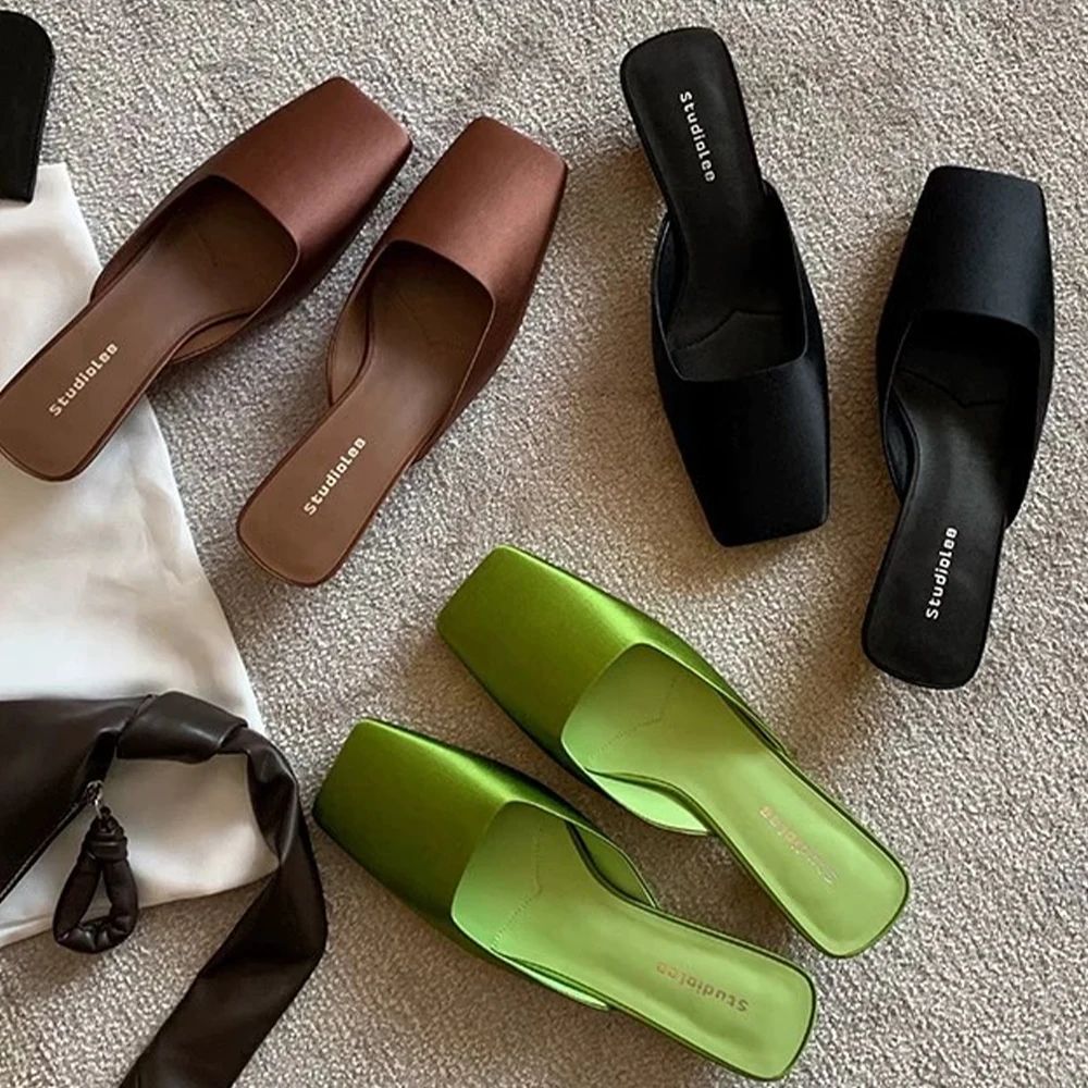 

Women Mules Slippers Satin Closed Square Toe Slip On Heeled Sandals Kitten Heels Party Dress Backless Slides Shoes