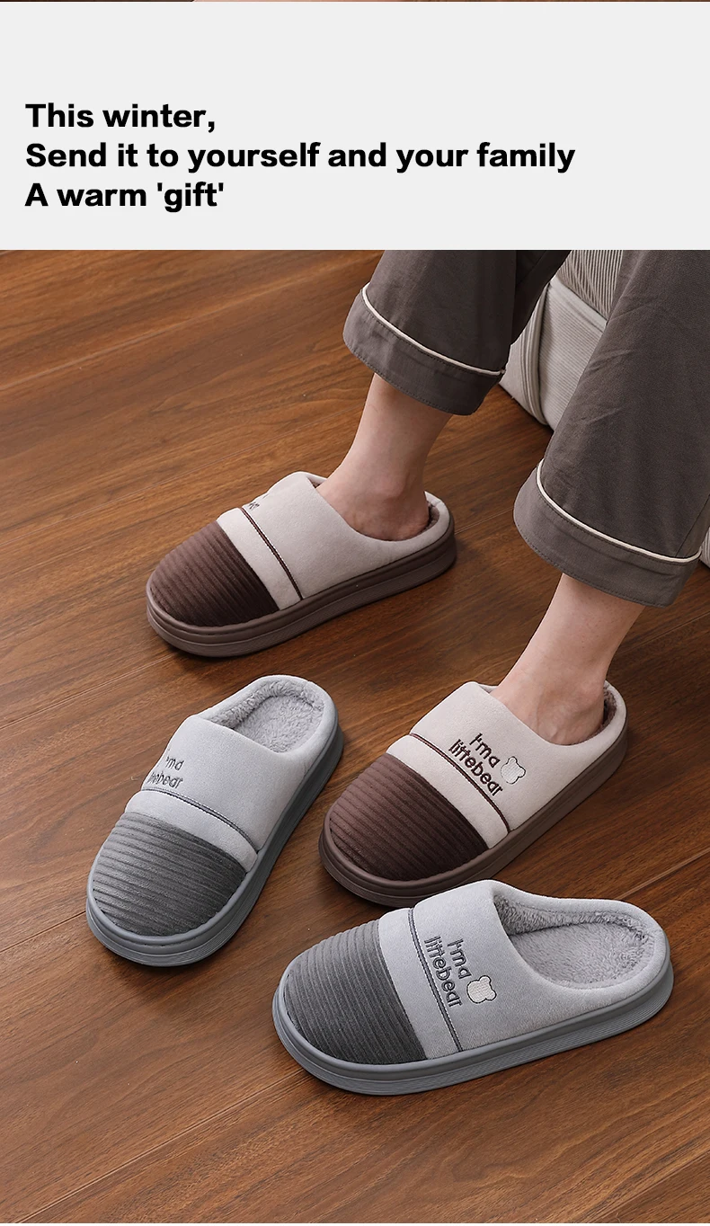 Winterwarme Herren-Hausschuhe mit niedlicher Bären-Stickerei, Plüsch-Fleece-Futter, dicke Plattform, rutschfest, für drinnen, Zuhause, Schlafzimmer. – Detail 10