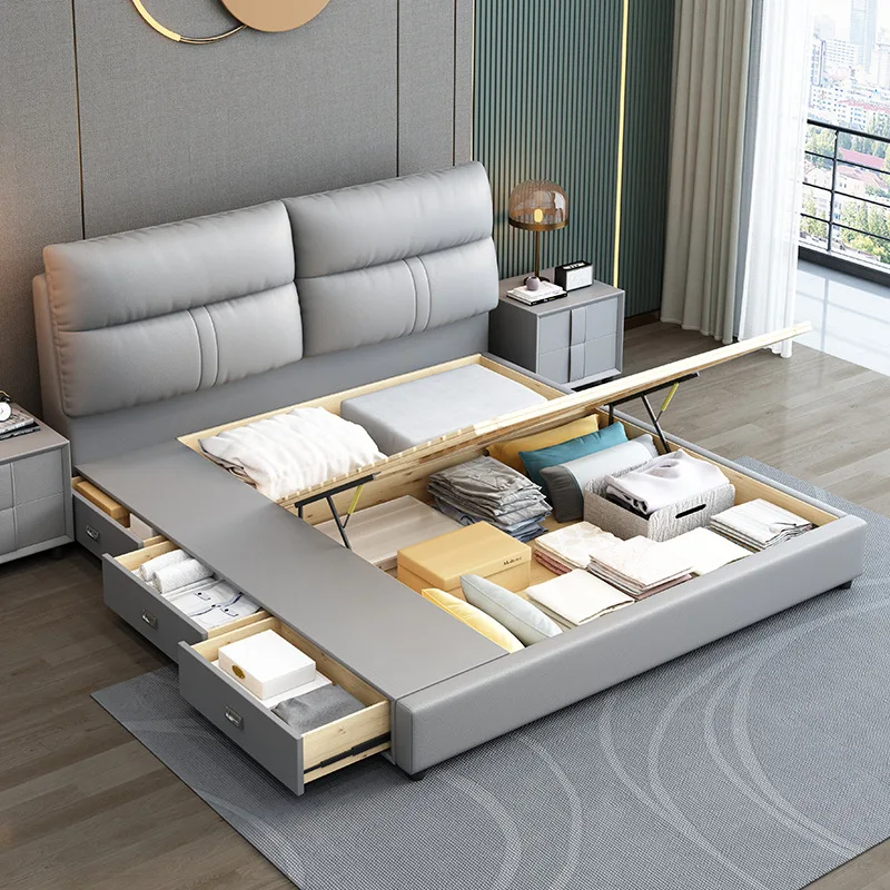 #Minimalist Soft Upholstered Double Bed for Master Bedrooms Ideal  Wedding Bed Features Pneumatic Lift Storage High Box Design
