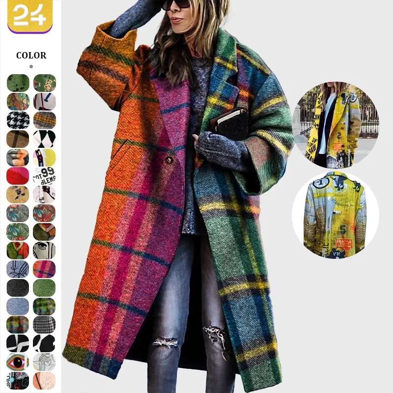 Nuevo abrigo estampado de manga larga para mujer, chaqueta con cuello alto, talla grande, corte regular, fibra de poliéster, ropa exterior informal y elegante.