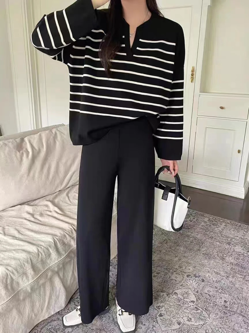 Women\'s Sweater Matching Set Winter New In Stripe Knit Pullover Long Sleeve Top Wide Leg Pants Set Casual Elegant Women\'s Sets