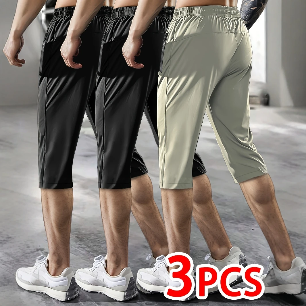 Set of 3 - Men'S Casual Outdoor Sports Capri Pants, Made from High-Elastic Knitted Fabric, Solid Color, Straight-Leg Design, Fea