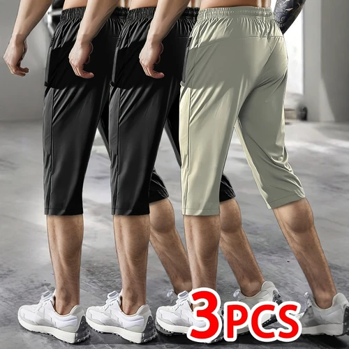 Imagen 2 del producto Juego de 3 pantalones capri informales para deportes al aire libre para hombre, hechos de tela de punto de alta elasticidad, color sólido, diseño de pierna recta, Fea