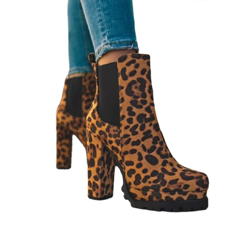 Fashion Women Ankle Boots Flock Leopard Slip On Short Boots Womens High Heels Platform Autumn Shoes Ladies Booties Retro Plus 43