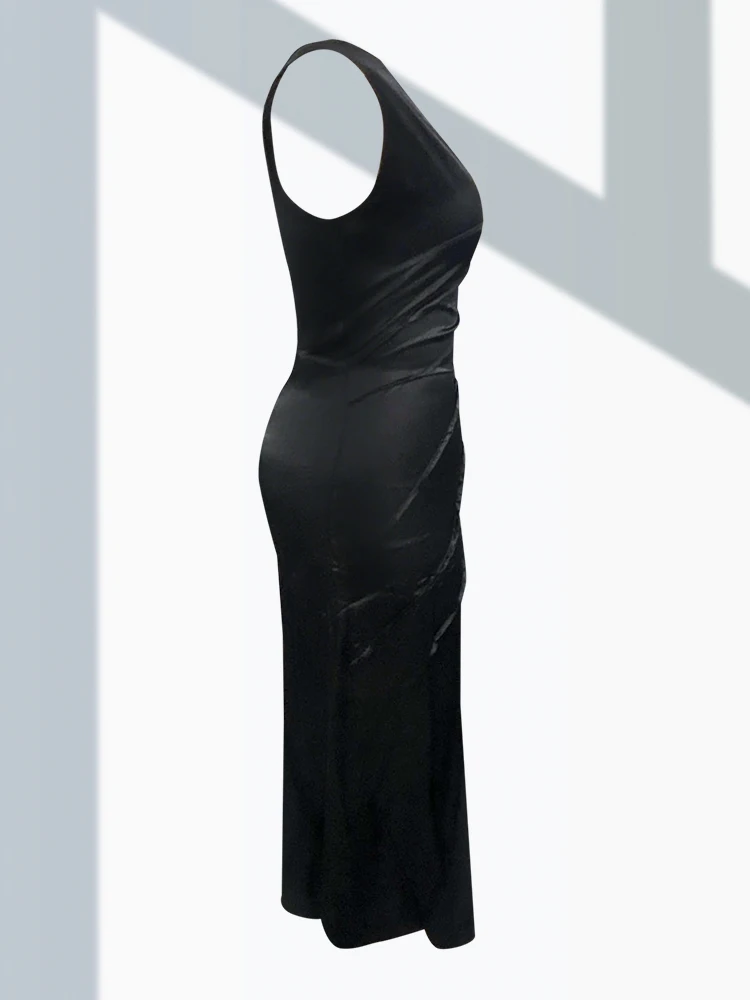 グラデーションパッチワーク女性用タンクドレス、ファッショナブルなボートネックノースリーブプリーツAラインガウン、シックなフロア丈プロムイブニングドレス