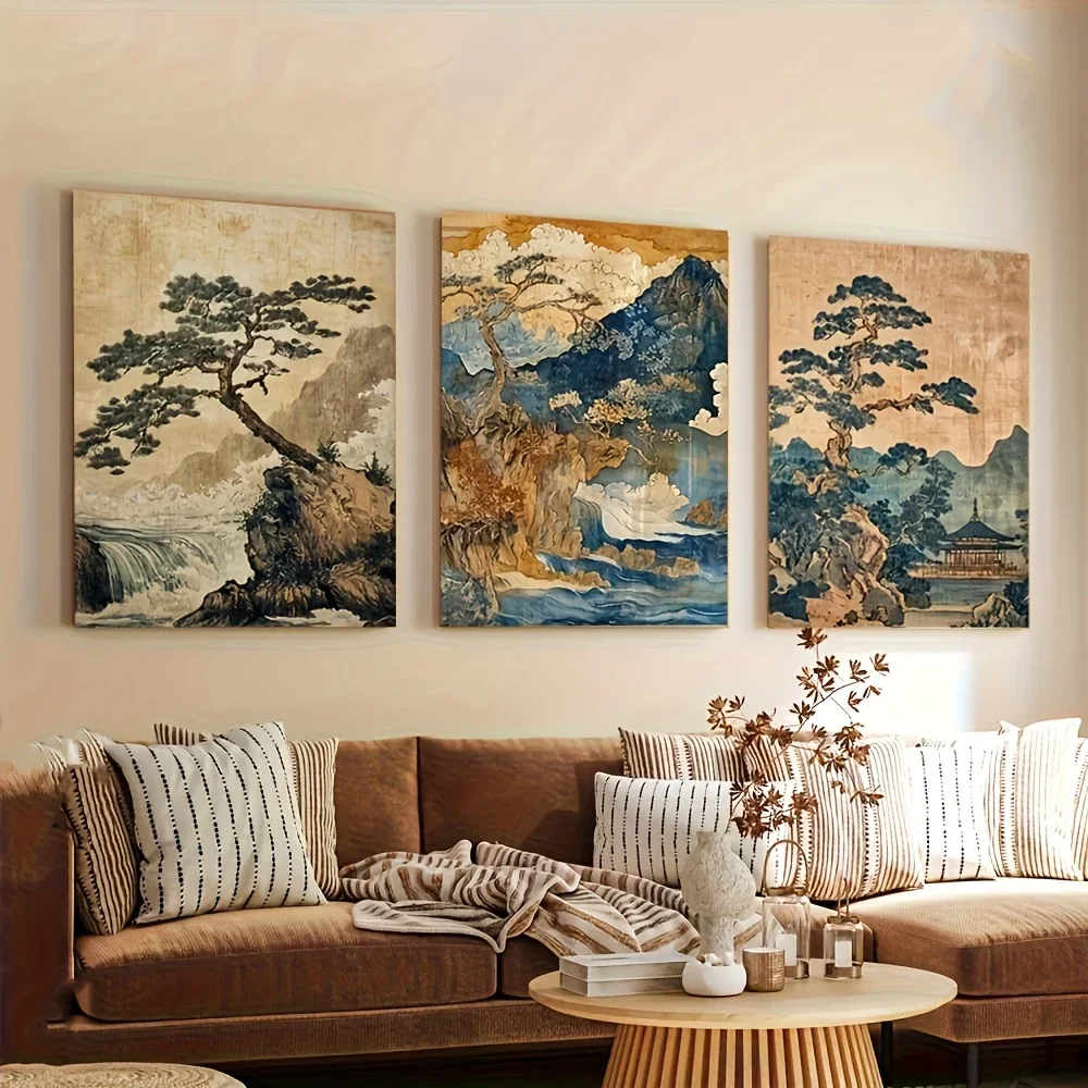 3pcs frameless Canvas Painting 3pcs/set Japanese Mountain Trees River Landscape Canvas Print Traditional Korean Landscape Wall A