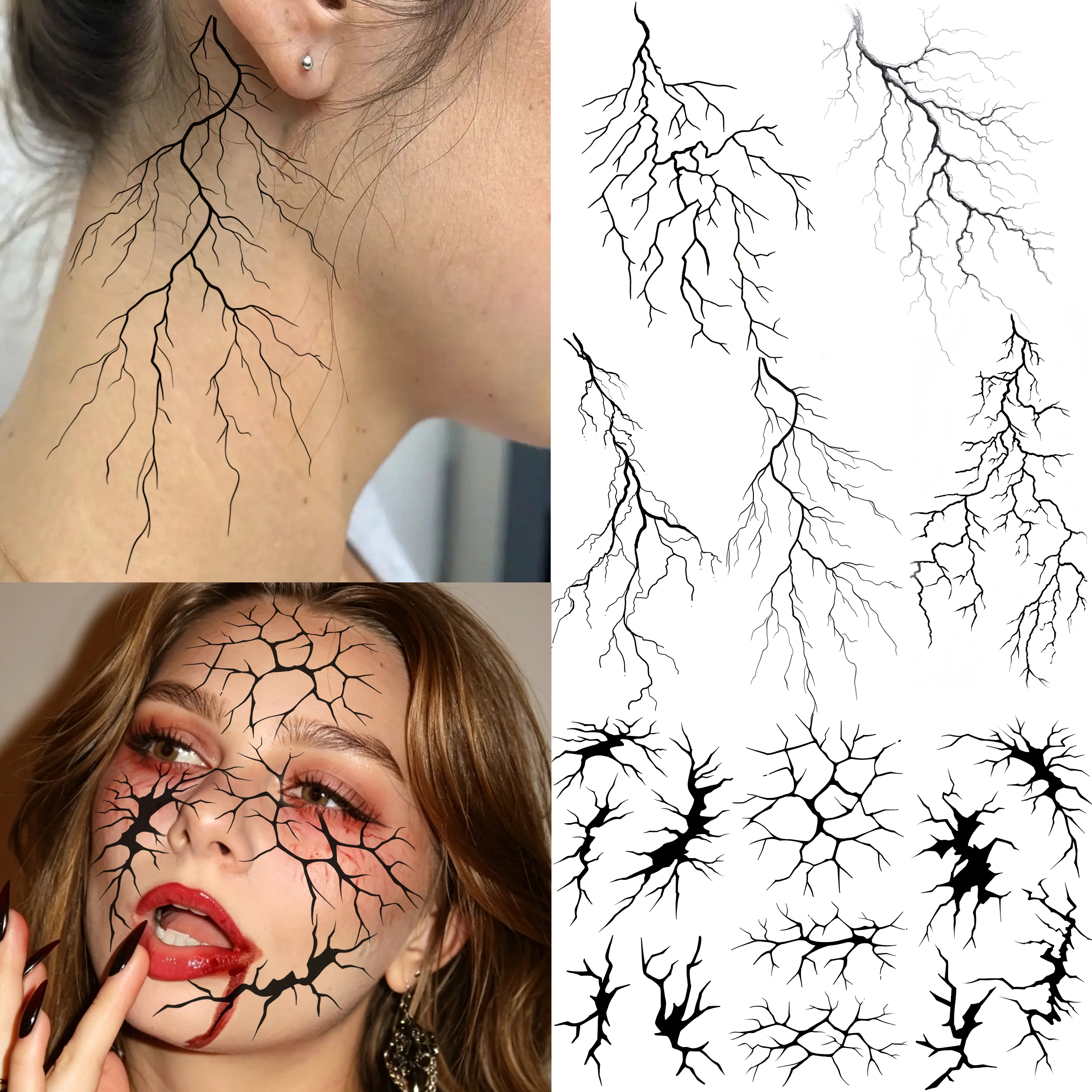 8 Sheets 3D Lightning Bolt Blood Vessels Crack Temporary Tattoos For Halloween Costume, Waterproof Fake Tattoo Sticker Last Long